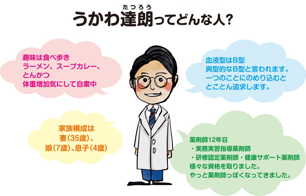 うかわ達朗(たつろう)ってどんなひと? 趣味は食べ歩き ラーメン、スープカレー、とんかつ 体重増加気にして自粛中 家族構成は妻(35歳)、娘(7歳)、息子(4歳) 血液型はB型 典型的なB型と言われます。一つのことにのめり込むととことん追求します。 薬剤師12年目 ・実務実習指導薬剤師・研修認定薬剤師・健康サポート薬剤師 様々な資格を取りました。やっと薬剤師っぽくなってきました。